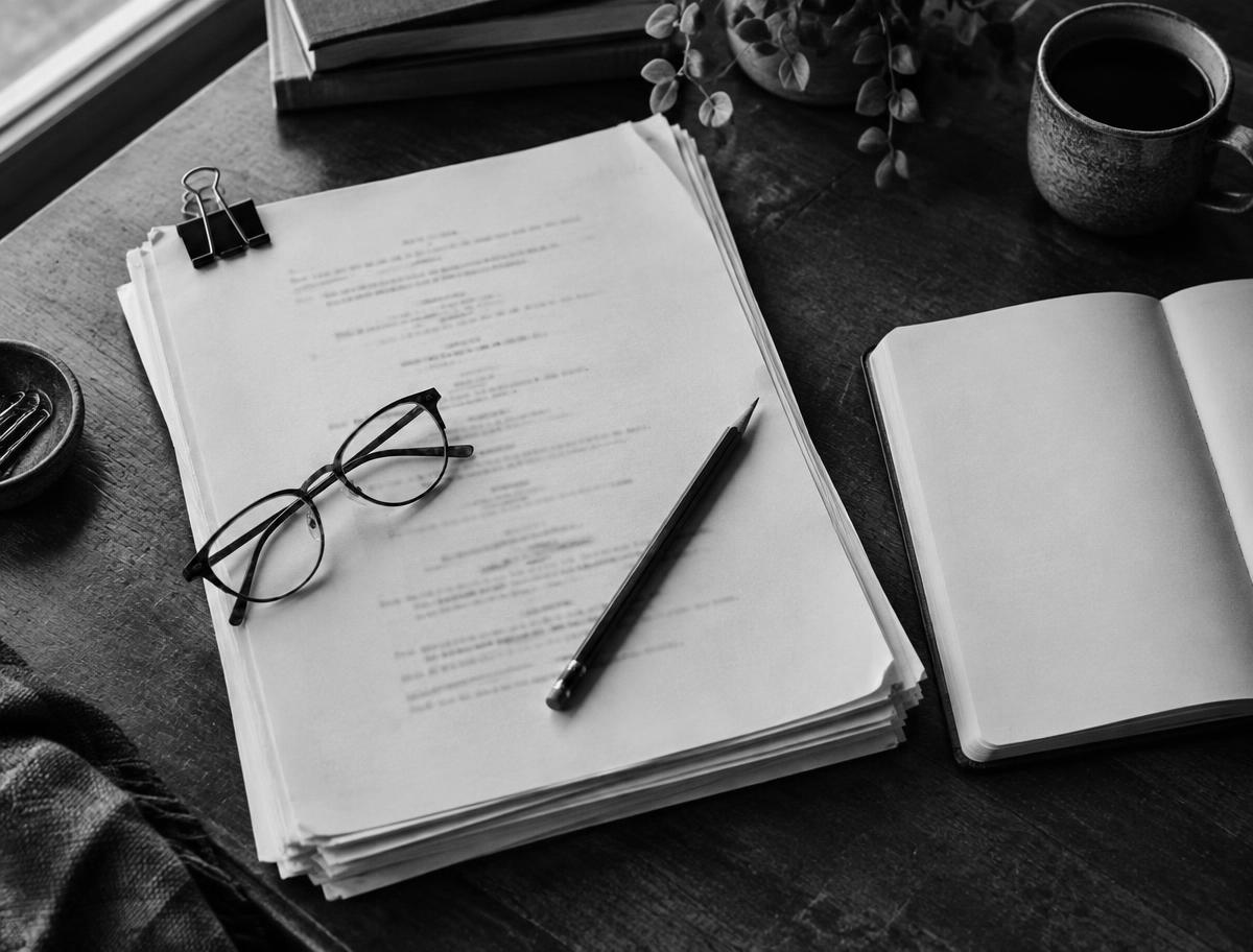 An editorial still life of treatment papers, glasses and a notebook